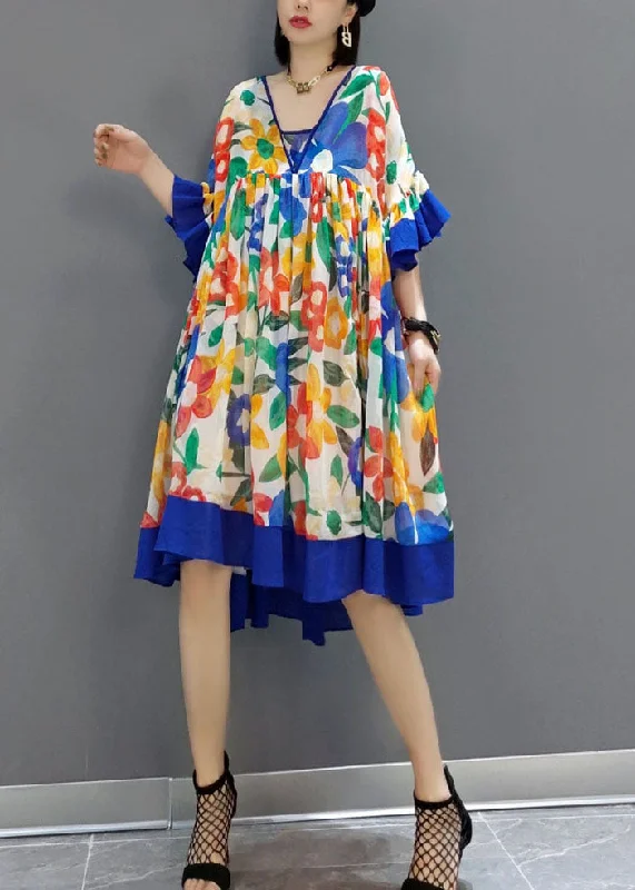 Blue Patchwork Chiffon A Line Dress V Neck Flare Sleeve LY1596 Wrap unclassified dresses