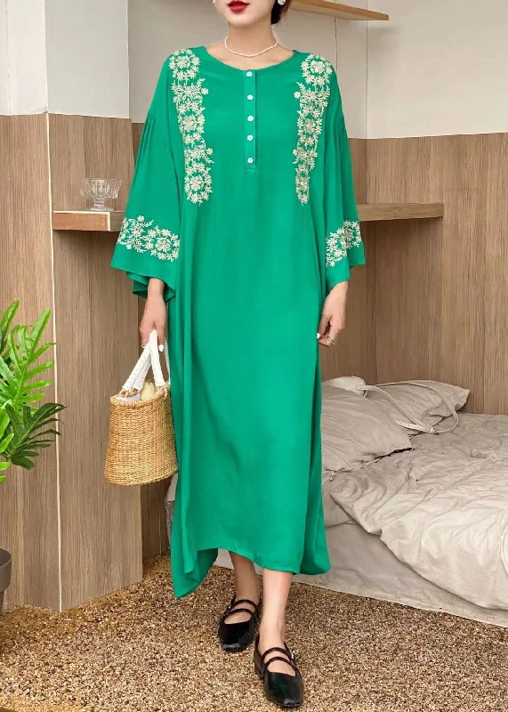 Bohemian Green O-Neck Embroideried Cotton Dress Flare Sleeve LY1349 Everyday wear unclassified dresses