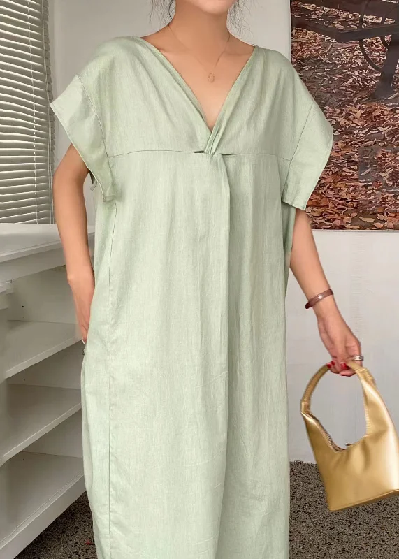 Casual Light Green V Neck Wrinkled Patchwork Cotton Dresses Summer LY1337 Tulle unclassified dresses