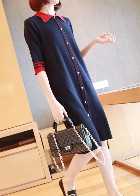 Casual Navy Peter Pan Collar Button Knitted Dresses Half Sleeve LY1445 Lightweight unclassified dresses