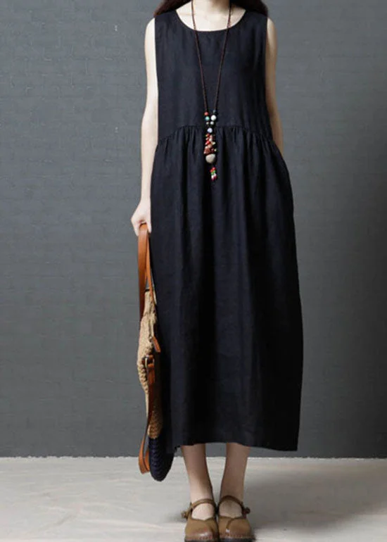 Diy Black O Neck Wrinkled Patchwork Cotton Dress Sleeveless LC0439 Satin unclassified dresses