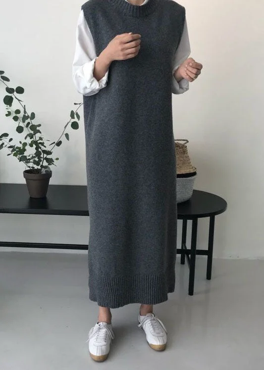 DIY Grey O Neck Patchwork Knit Vest Dress Sleeveless LY1338 Striped unclassified dresses