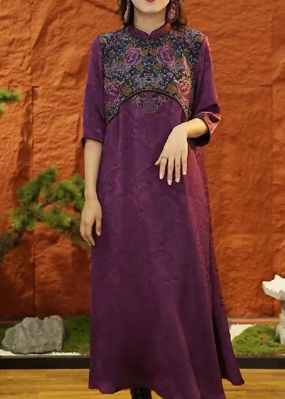 DIY Purple Mandarin Collar Patchwork Jacquard Silk Dresses Half Sleeve LY1697 Sexy unclassified dresses