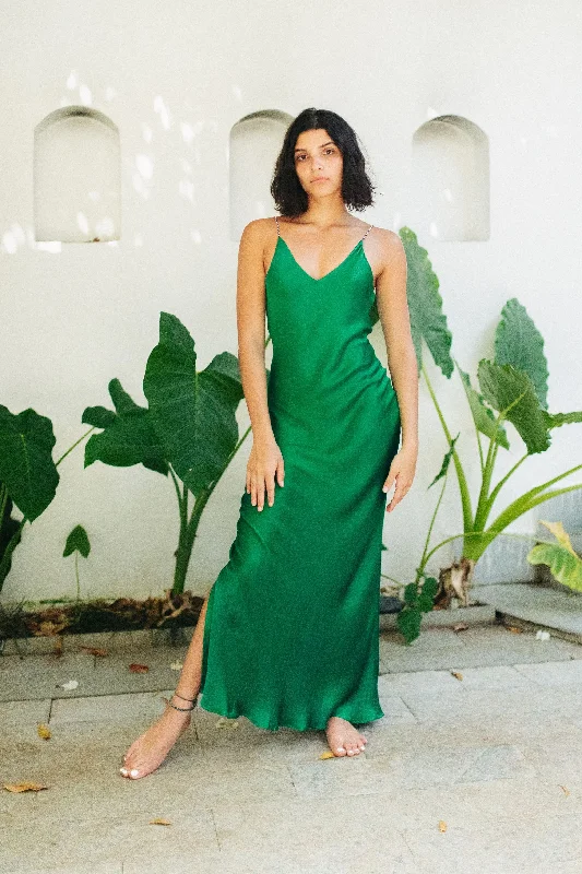 Emerald Green Satin Slip Dress With Handcrafted Straps Floral unclassified dresses