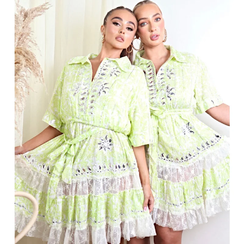 EVIE Lime Green Belted Festival Detail Dress Sequin unclassified dresses