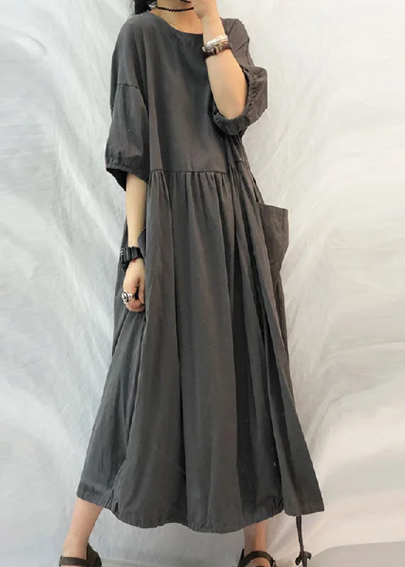 French Grey Oversized Patchwork Drawstring Wrinkled Cotton Dress Half Sleeve LY1305 Color block unclassified dresses