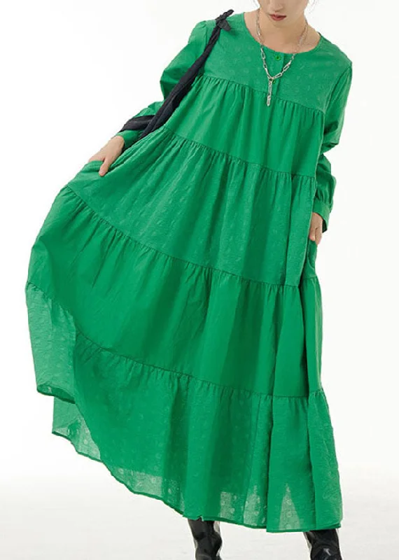 Loose Green O Neck Wrinkled Patchwork Cotton Dresses Spring LY1144 Mesh unclassified dresses