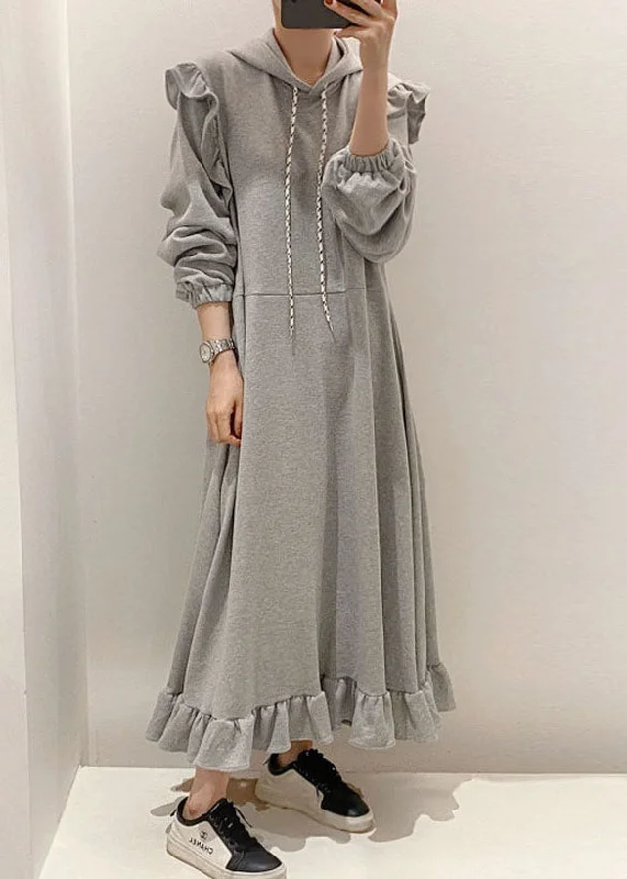 Modern Grey Hooded Ruffled Patchwork Cotton Dresses Spring LY1361 Halter unclassified dresses