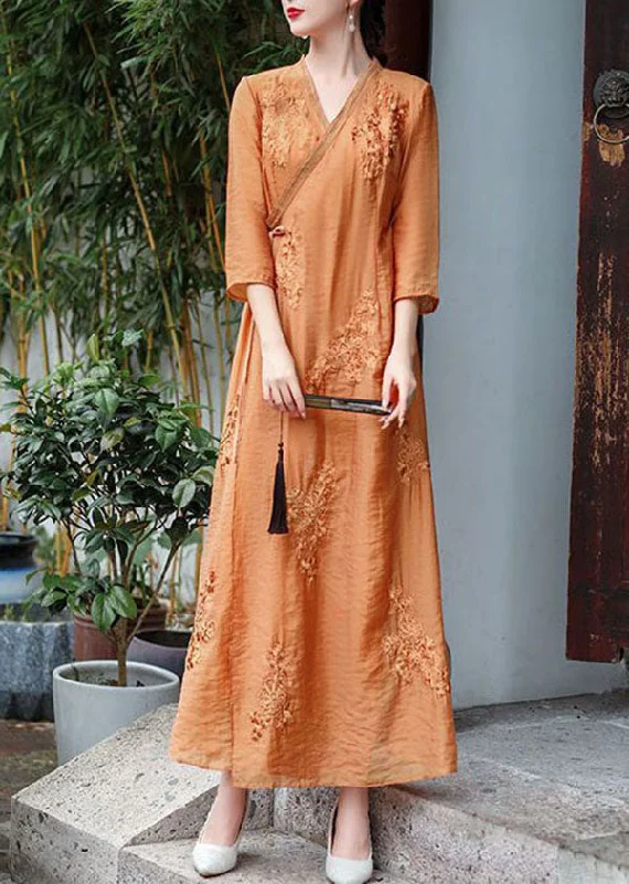 Natural Orange V Neck Embroideried Patchwork Silk Dress Summer LY1679 Velvet unclassified dresses