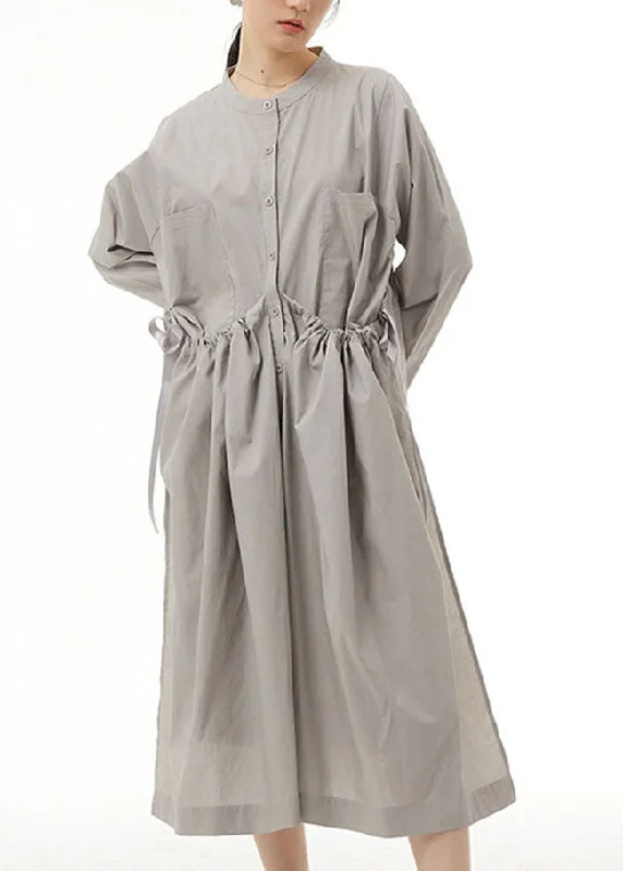 Organic Grey Pockets Wrinkled Patchwork Cotton  Dress Spring LY1170 Short unclassified dresses