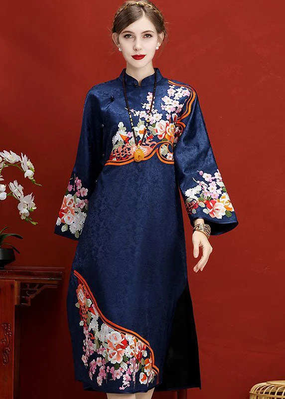 Original Design Navy Embroideried Jacquard Silk Chinese Style Dress Vestidos Spring LY1684 Beaded unclassified dresses