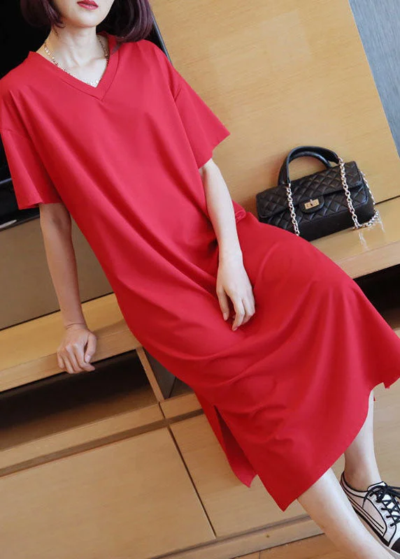 Red Cotton Straight Dresses V Neck Side Open Summer LY1463 Office unclassified dresses