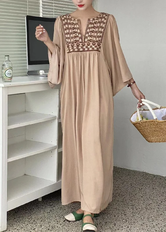 Simple Khaki Embroideried Oversized Cotton Vacation Dresses Batwing Sleeve LY1359 Flowy unclassified dresses