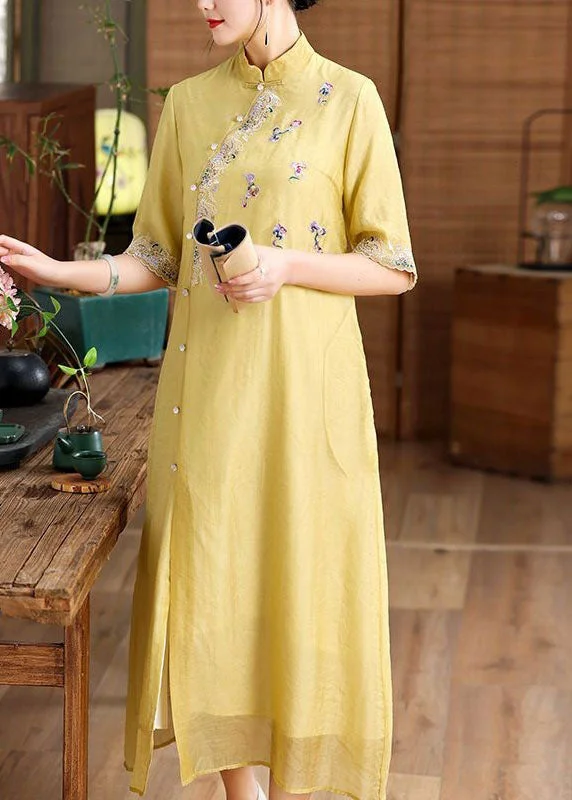 Simple Yellow Embroideried Patchwork Button Silk Dress Summer LY1685 Pastel unclassified dresses