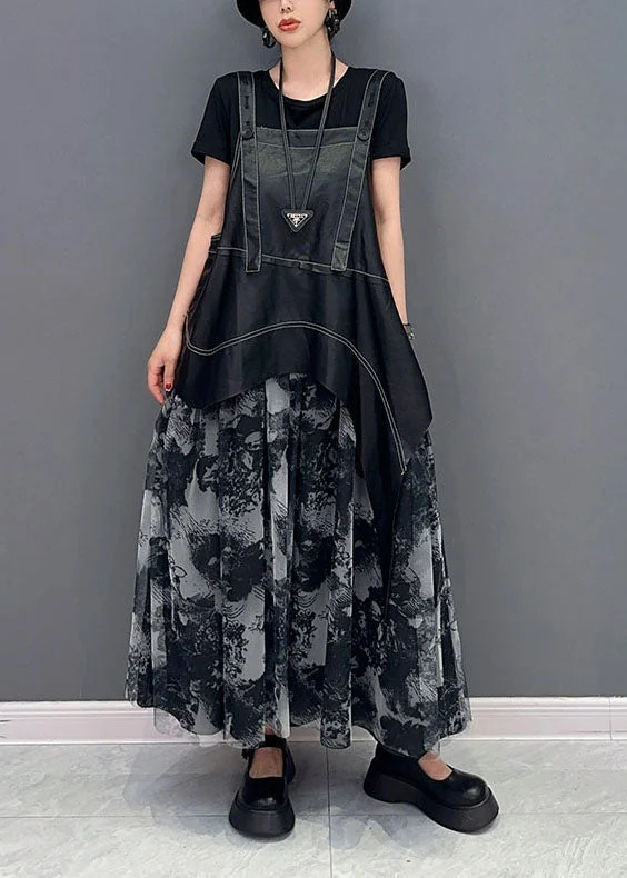 Stylish Black Asymmetrical Patchwork Exra Large Hem Chiffon Strap Dress Summer LY1587 Casual unclassified dresses