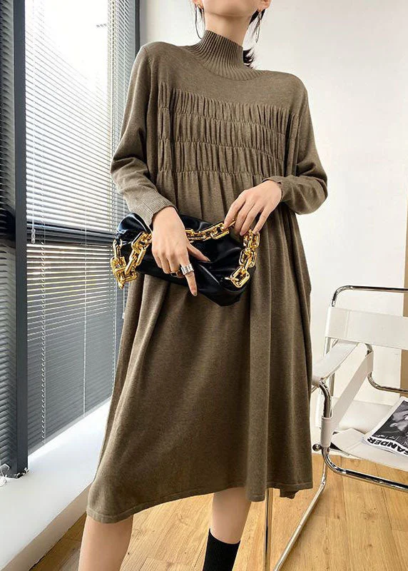 Stylish Khaki High Neck Oversized Wrinkled Knit Dresses Spring LY1482 Women's unclassified dresses