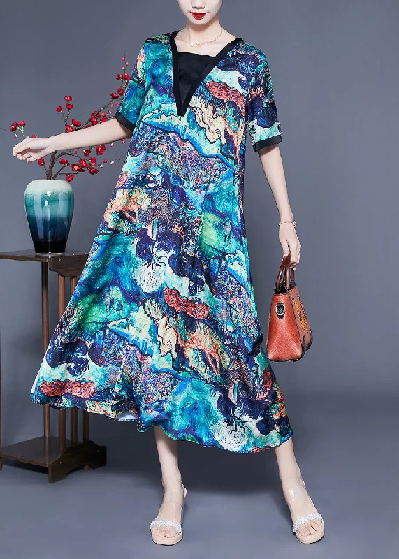 Unique Blue Square Collar Patchwork Tie Dye Silk Robe Dresses Summer LY1084 Bright color unclassified dresses