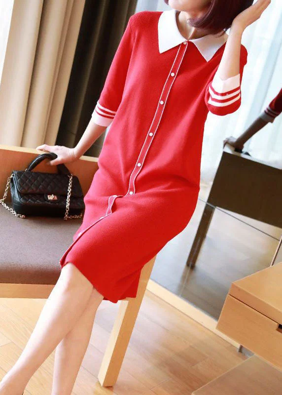 Unique Red Peter Pan Collar Button Knit Dresses Half Sleeve LY1446 Elegant evening unclassified dresses