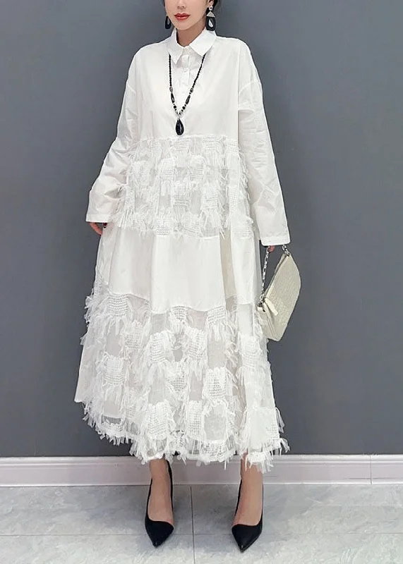 White Patchwork Cotton Vacation Dresses Oversized Tassel  Spring LY1579 Stylish unclassified dresses