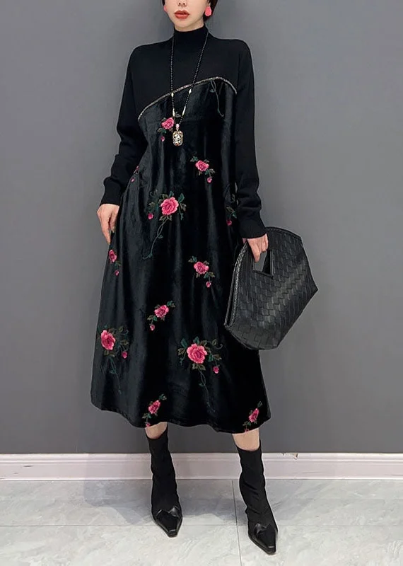 Women Black High Neck Embroideried Knit Patchwork Silk Velour Dress Spring LY1659 Popular unclassified dresses