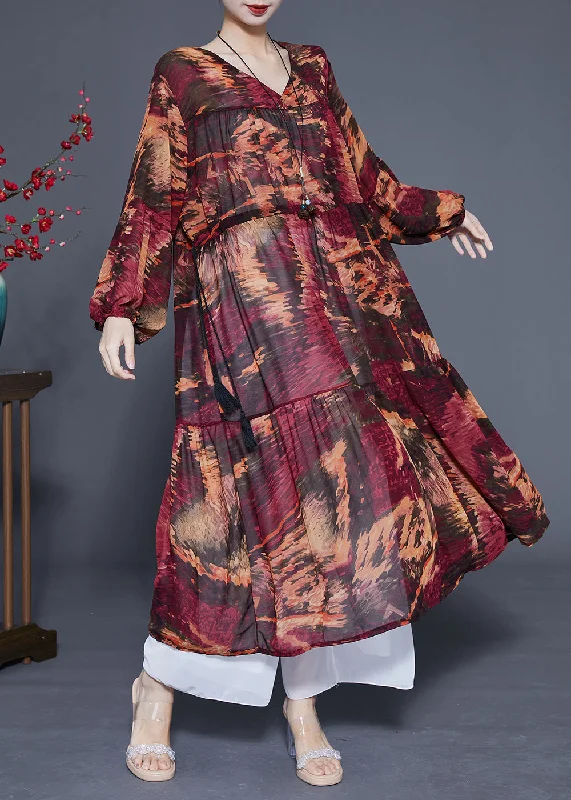 Women Dark Red V Neck Patchwork Exra Large Hem Chiffon Cinched Dresses Spring LY1080 Printed unclassified dresses