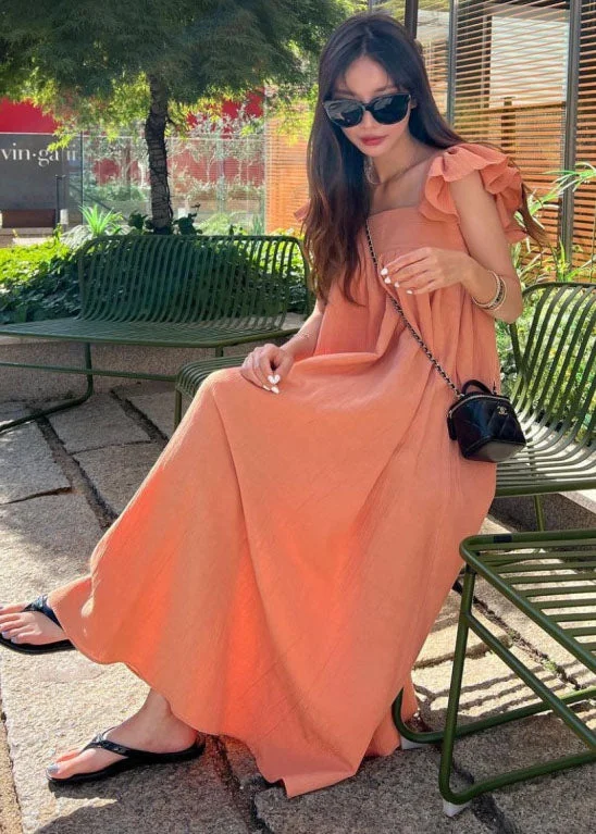 Women Orange Square Collar Oversized Cotton A Line Dresses Butterfly Sleeve LY1339 Bright color unclassified dresses