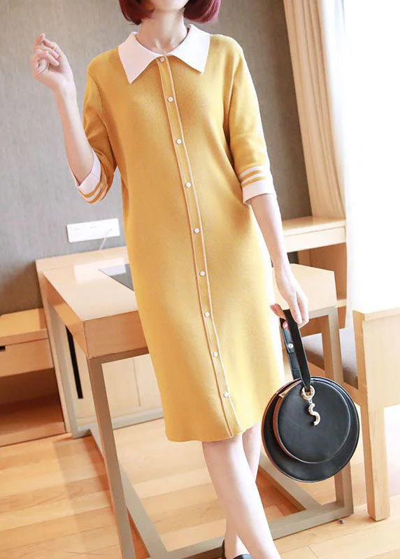 Yellow Slim Fit Knit Mid Dress Turn-down Collar Half Sleeve LY1444 Earthy tone unclassified dresses