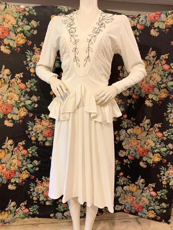 1940s White Crepe Dress With Metallic Goldwork Embroidery Detail and Peplum Casual unclassified dresses