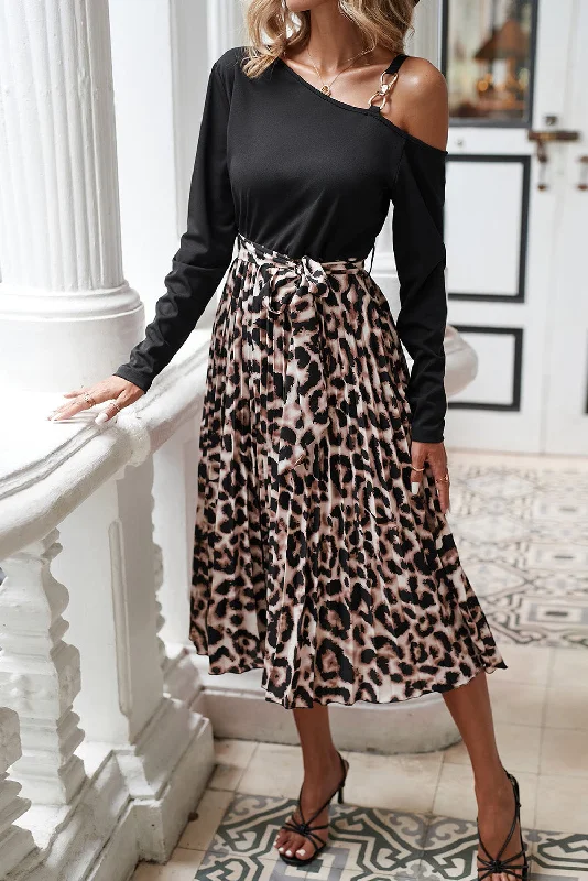 Black Asymmetric Shoulder Leopard Belted Dress Sexy unclassified dresses