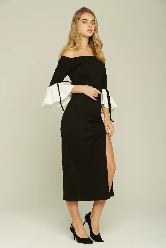 Black Off the Shoulder Bell Sleeves Slit Dress Designer unclassified dresses