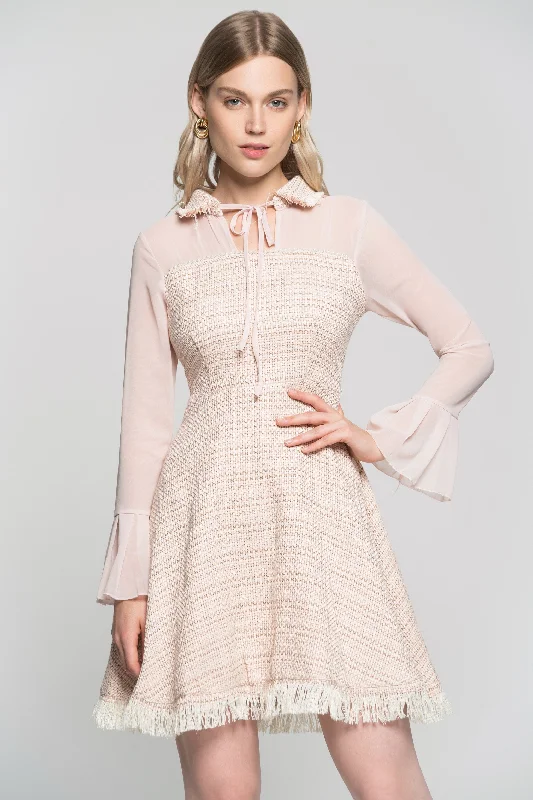 Blush Sheer Sleeves Tie Up Collar Tweed Dress Sequin unclassified dresses