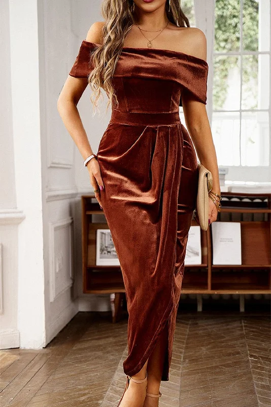 Chestnut Velvet Off Shoulder Pleated Wrap Evening Dress Smocked unclassified dresses