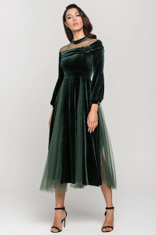 Green Velvet Puff Sleeves Sheer Yoke Ball Dress Bodycon unclassified dresses