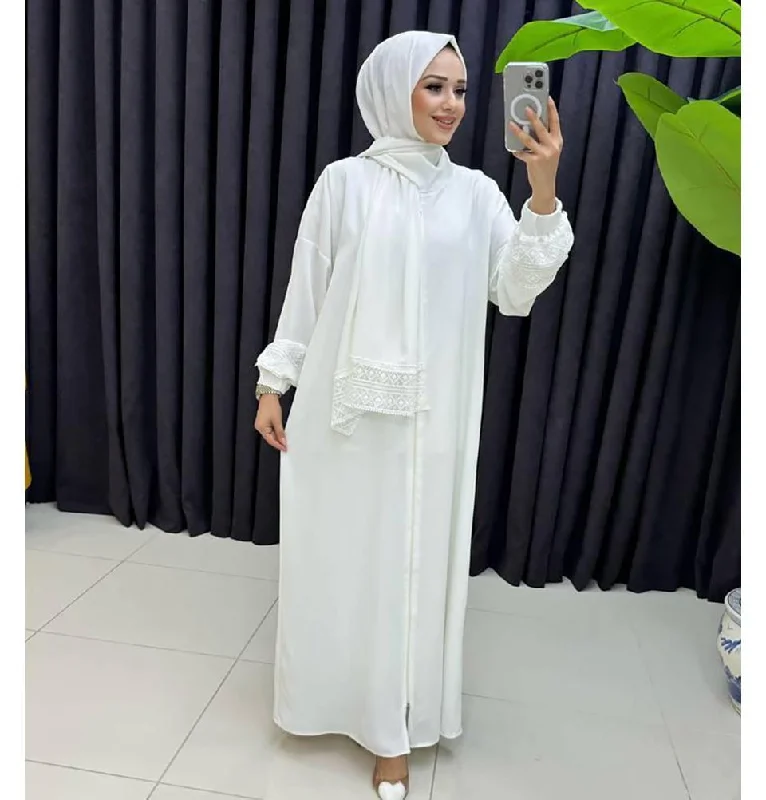 Islamic Women's Prayer Dress With Attached Hijab - White Stretchy unclassified dresses