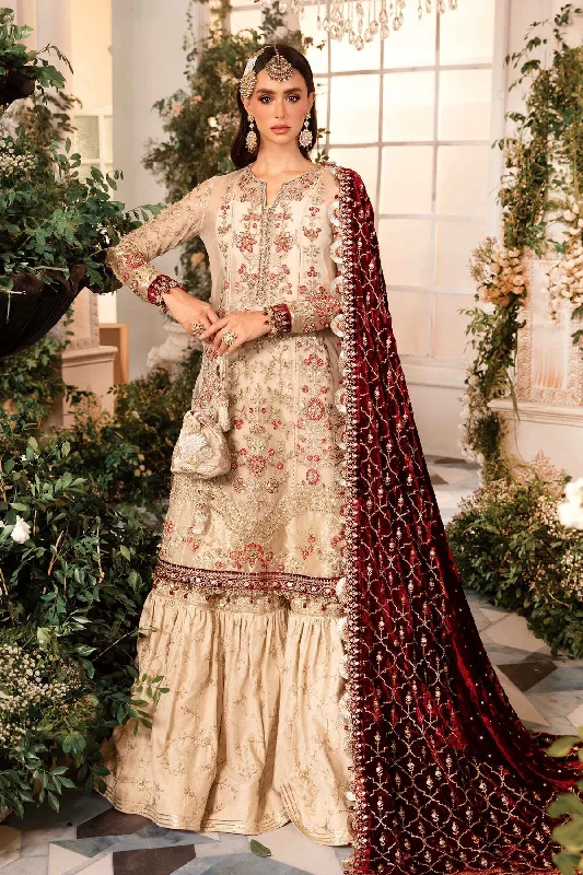 Maria. B 3 Piece Unstitched Embroidered Organza Suit - BD-2905-IVORY AND MAROON Off-shoulder unclassified dresses