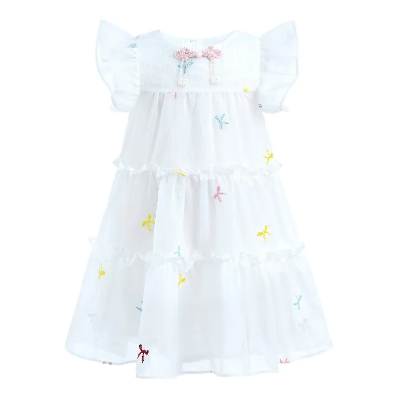 White Bow Embroidered Summer Dress Short unclassified dresses