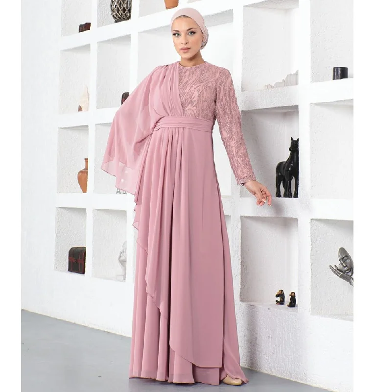 Modest Formal Cape Dress G569 - Pink Ruched unclassified dresses