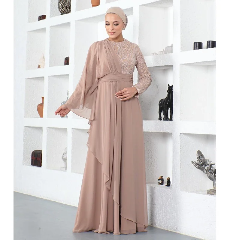 Modest Formal Cape Dress G569 - Tan Long sleeve unclassified dresses