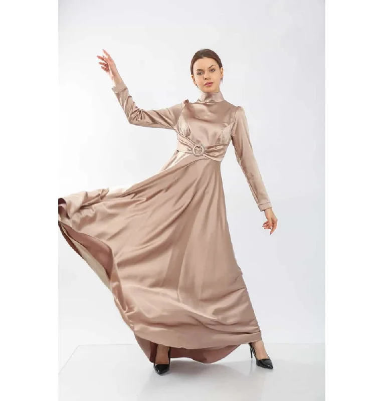 Modest Formal Satin Dress G459 Beige Vintage unclassified dresses