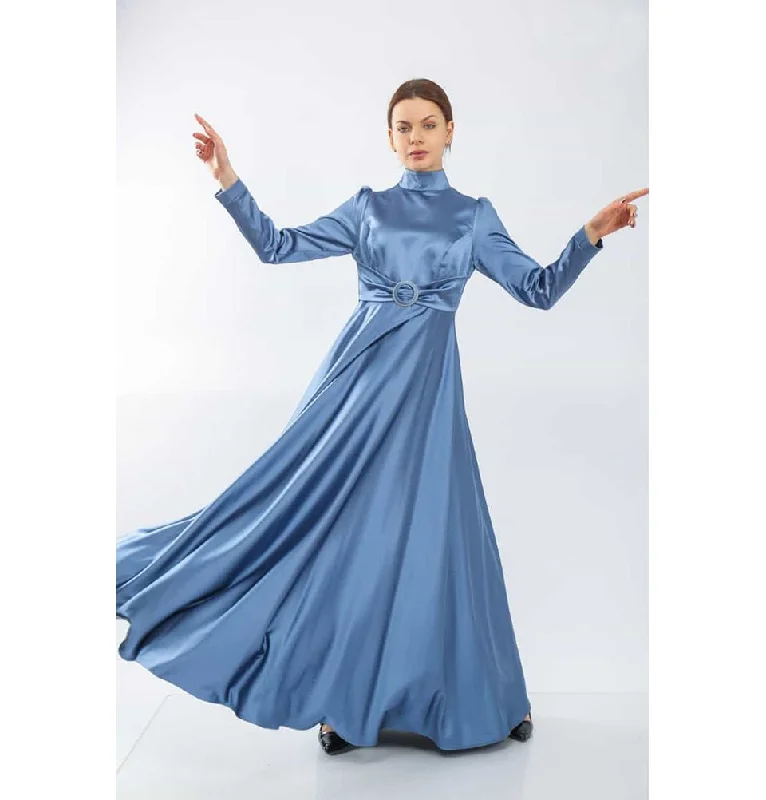 Modest Formal Satin Dress G459 Blue Y2K unclassified dresses