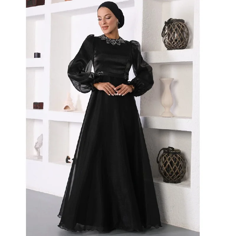 Modest Formal Satin Dress G531 Black Polka dot unclassified dresses