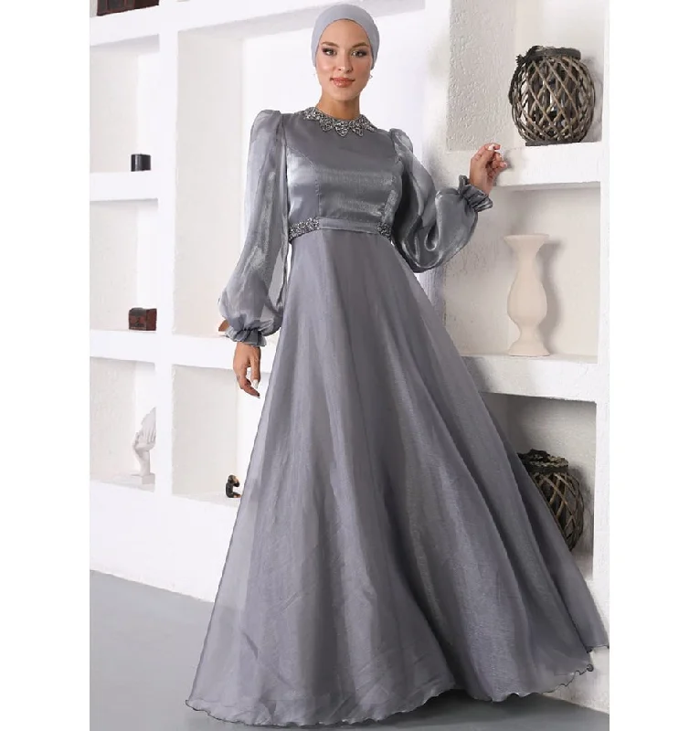 Modest Formal Satin Dress G531 Grey Monochrome unclassified dresses