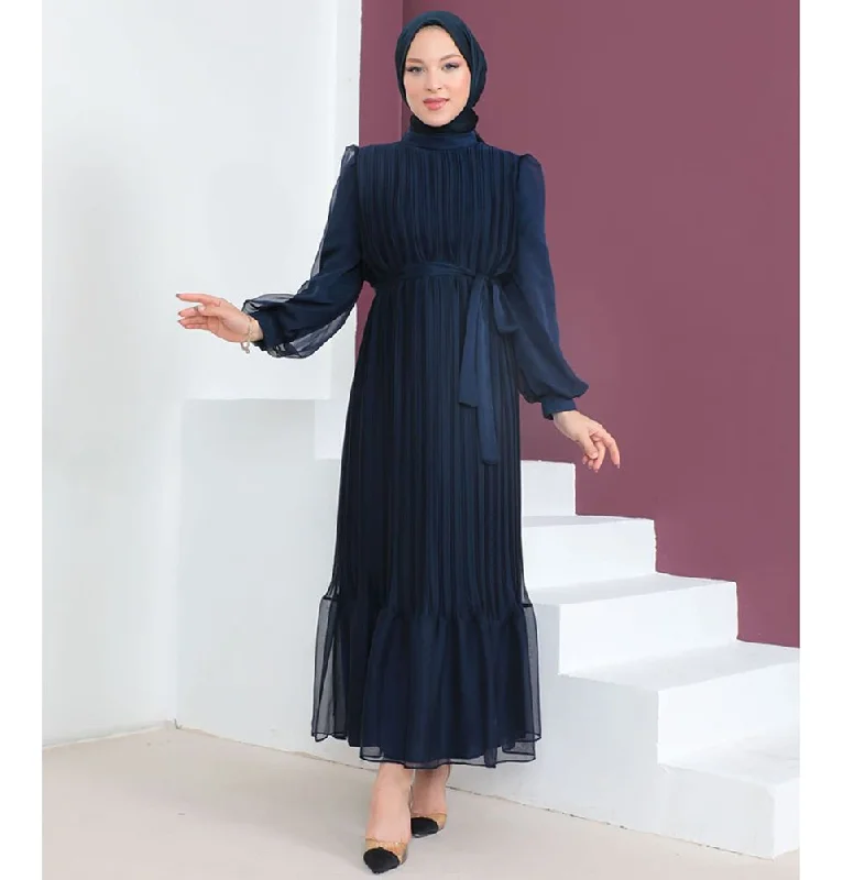 Modest Women's Dress Elegant 9390 - Navy Satin unclassified dresses