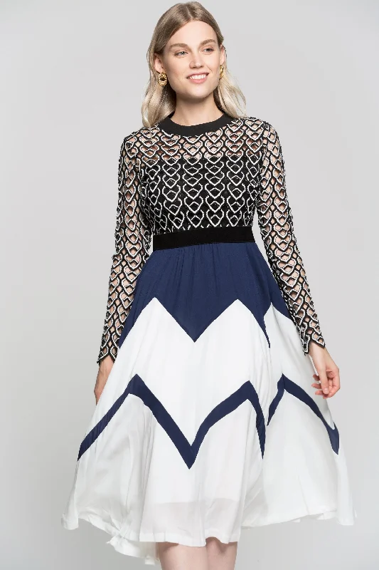 Navy Blue Black And White Detailed Embroidered Dress Polka dot unclassified dresses