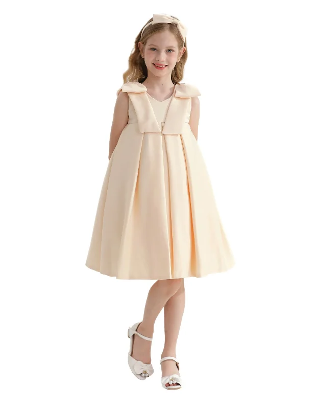 Champagne Gold Palermo Satin Bow Pleated Dress A-line unclassified dresses