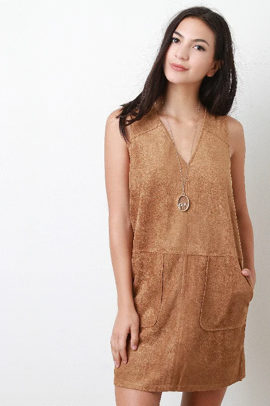 Sleeveless Suede Shift Pocket Dress Halter unclassified dresses