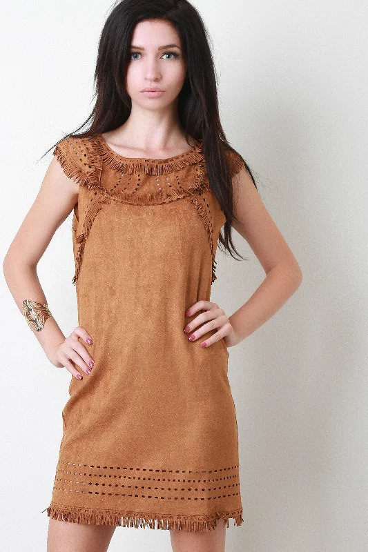 Suede Fringe Yoke Shift Dress Sequin unclassified dresses