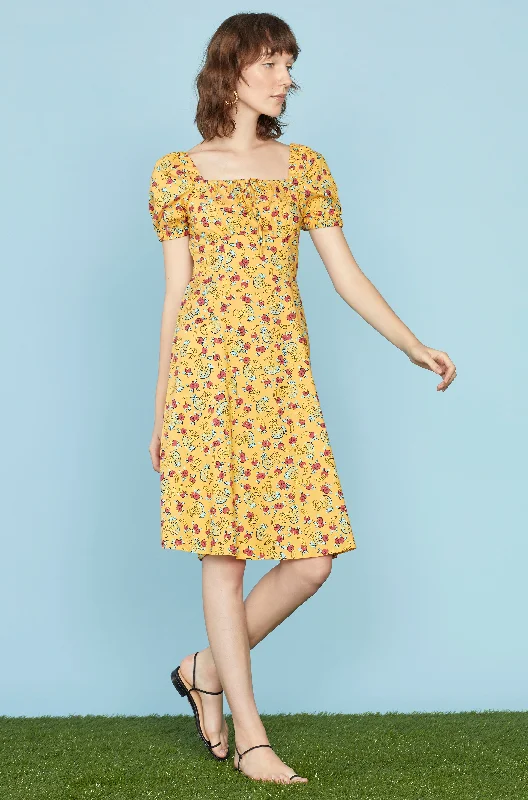 Yellow Tropical Fruit Holland Bow Tie Cotton Dress Elegant evening unclassified dresses