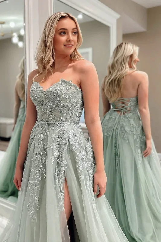 A-Line Sweetheart Sage Green Tulle Lace Long Prom Dresses Soft Maxi Dress