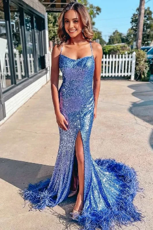 Blue Sequin Feather Lace-Up Back Mermaid Long Prom Dress with Slit Flowy Maxi Skirt